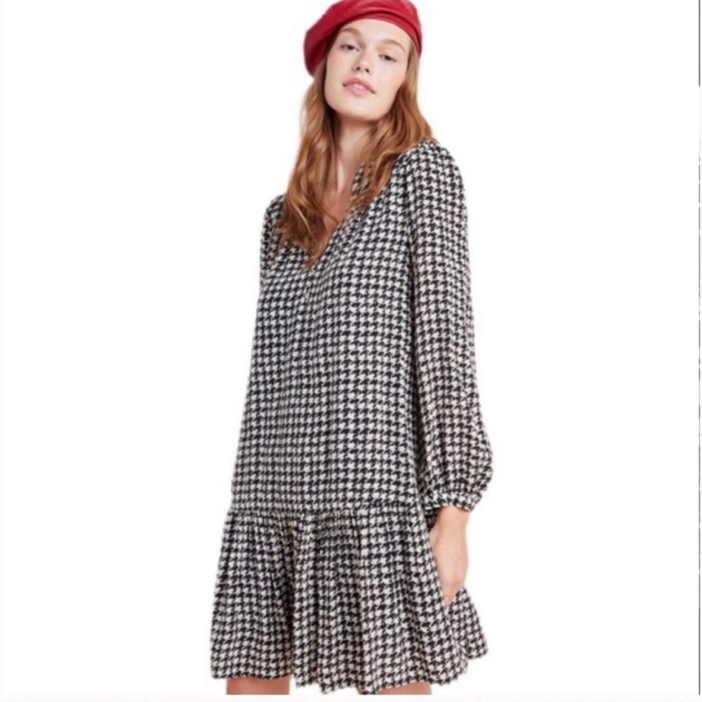 ANTHROPOLOGIE MAEVE STERLING HOUNDSTOOTH BALLOON SLEEVE DROP WAIST Tunic Dress S